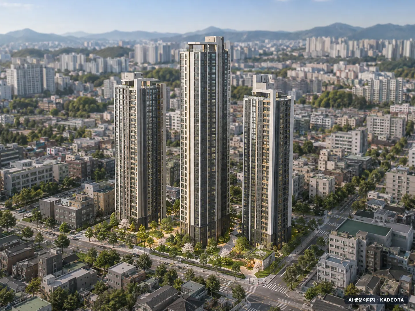해링턴플레이스 명륜역 3개동·최고 46층·총 242세대 기준 AI 상상도 — 실제와 다를 수 있음 해링턴플레이스 명륜역 3개동·최고 46층·총 242세대 기준 AI 상상도(주간 항공) — 실제와 다를 수 있음