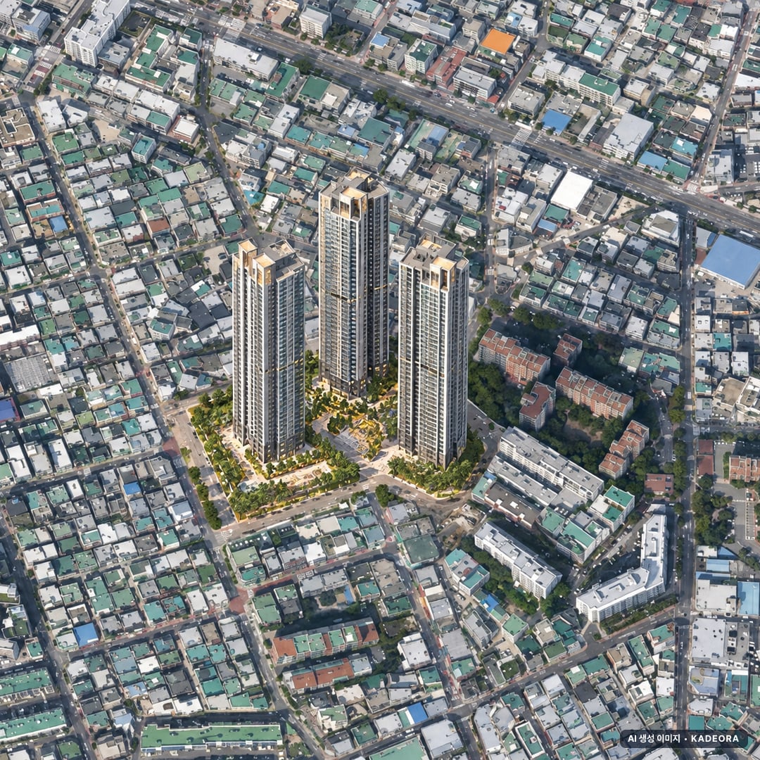해링턴플레이스 명륜역 단지 전경 AI 상상도(주간 항공) — 부산 동래구 착공 242세대