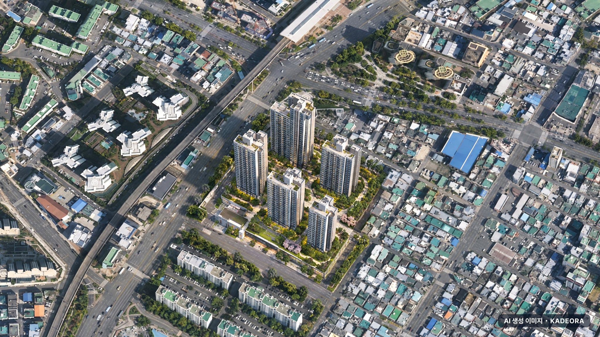 부산 연제구 거제3 재건축 단지 전경 AI 상상도(주간 항공) — 부산 연제구 부지계획 571세대