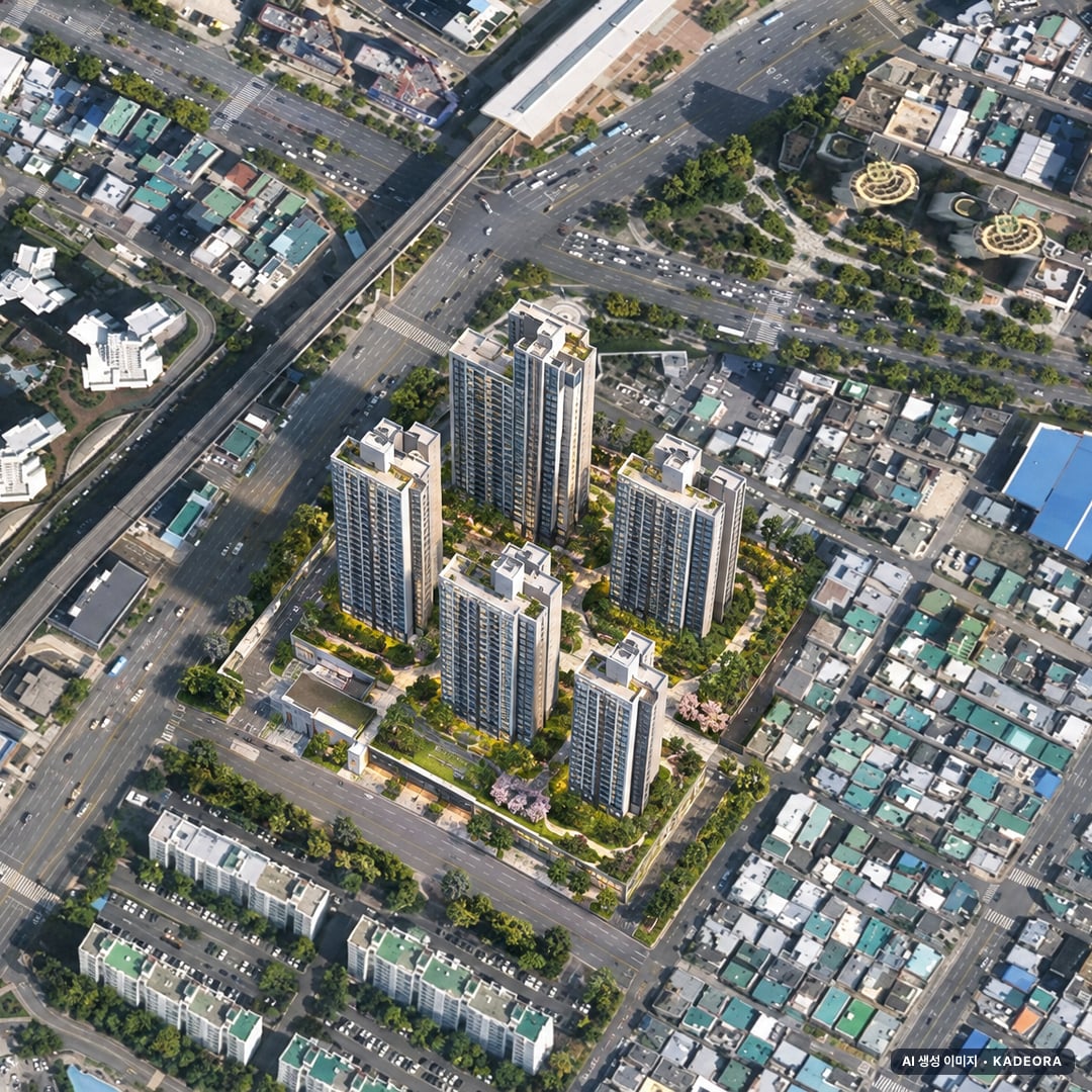 부산 연제구 거제3 재건축 조감도 AI 상상도(주간 항공) — 부산 연제구 부지계획 571세대