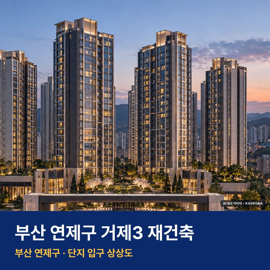 거제3 재건축 재개발 거제3 재건축 단지 전경 AI 상상도 — 연제구 거제동 571세대 — AI 생성 상상도 · 실제와 다를 수 있음