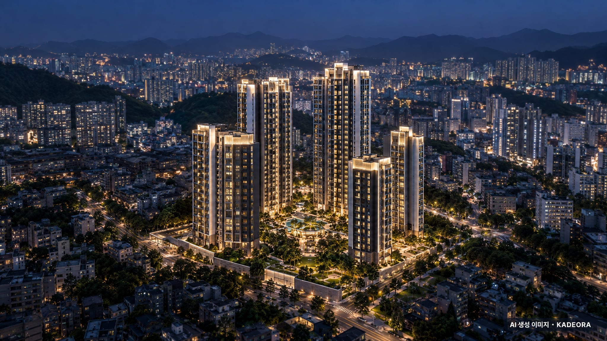 부산 연제구 거제3 재건축 조감도 AI 상상도(야경) — 부산 연제구 부지계획 571세대