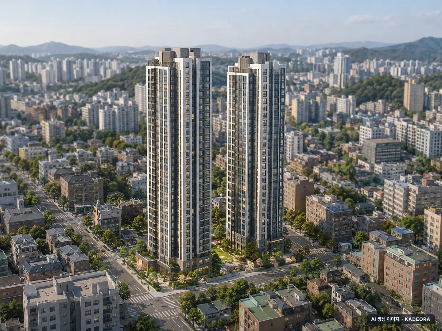 e편한세상 번영로 리더스포레 2개동·최고 37층·총 192세대 기준 AI 상상도(주간 항공) — 실제와 다를 수 있음