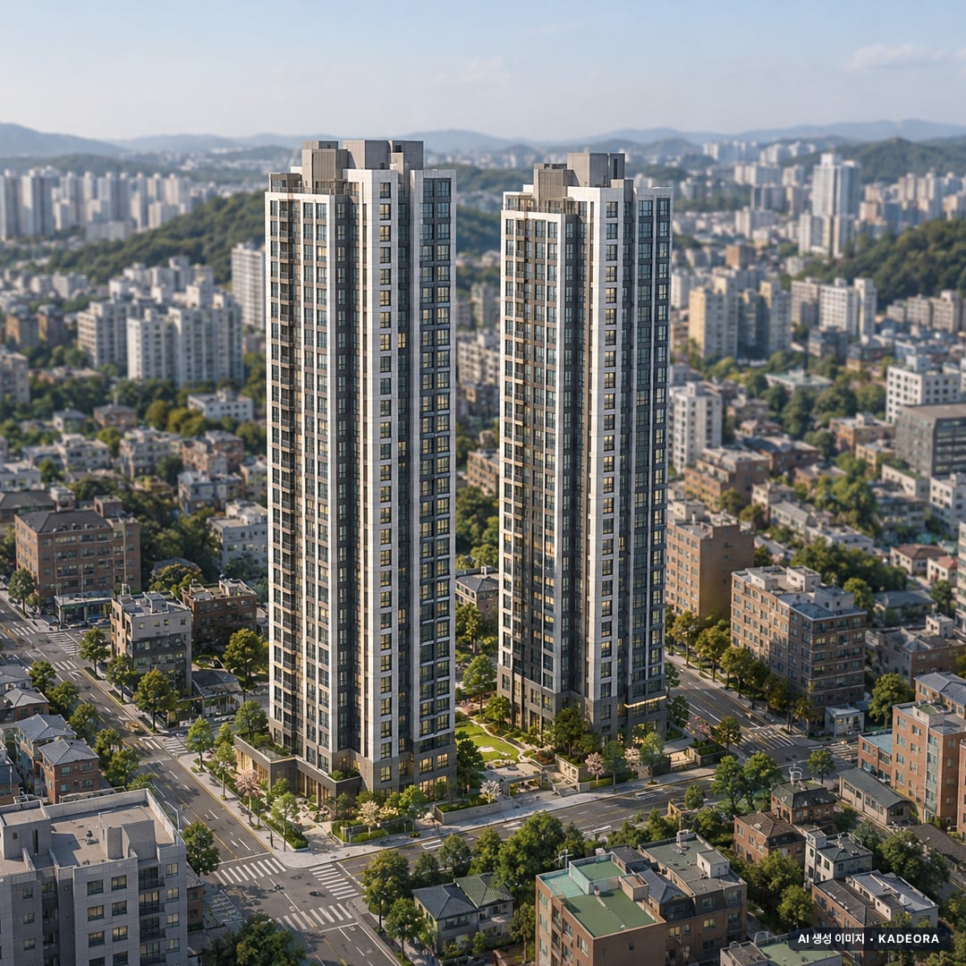 e편한세상 번영로 리더스포레 2개동·최고 37층·총 192세대 기준 AI 상상도(주간 항공) — 실제와 다를 수 있음