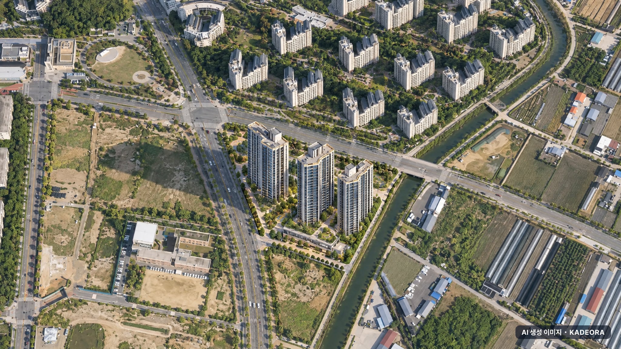 해링턴플레이스 풍무(3BL) 단지 전경 AI 상상도(주간 항공) — 경기 김포시 착공 239세대