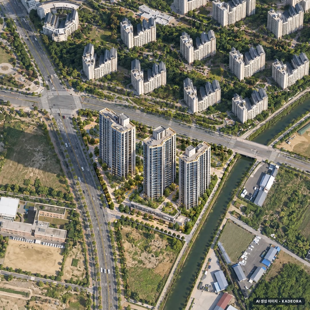 해링턴플레이스 풍무(3BL) 단지 전경 AI 상상도(주간 항공) — 경기 김포시 착공 239세대