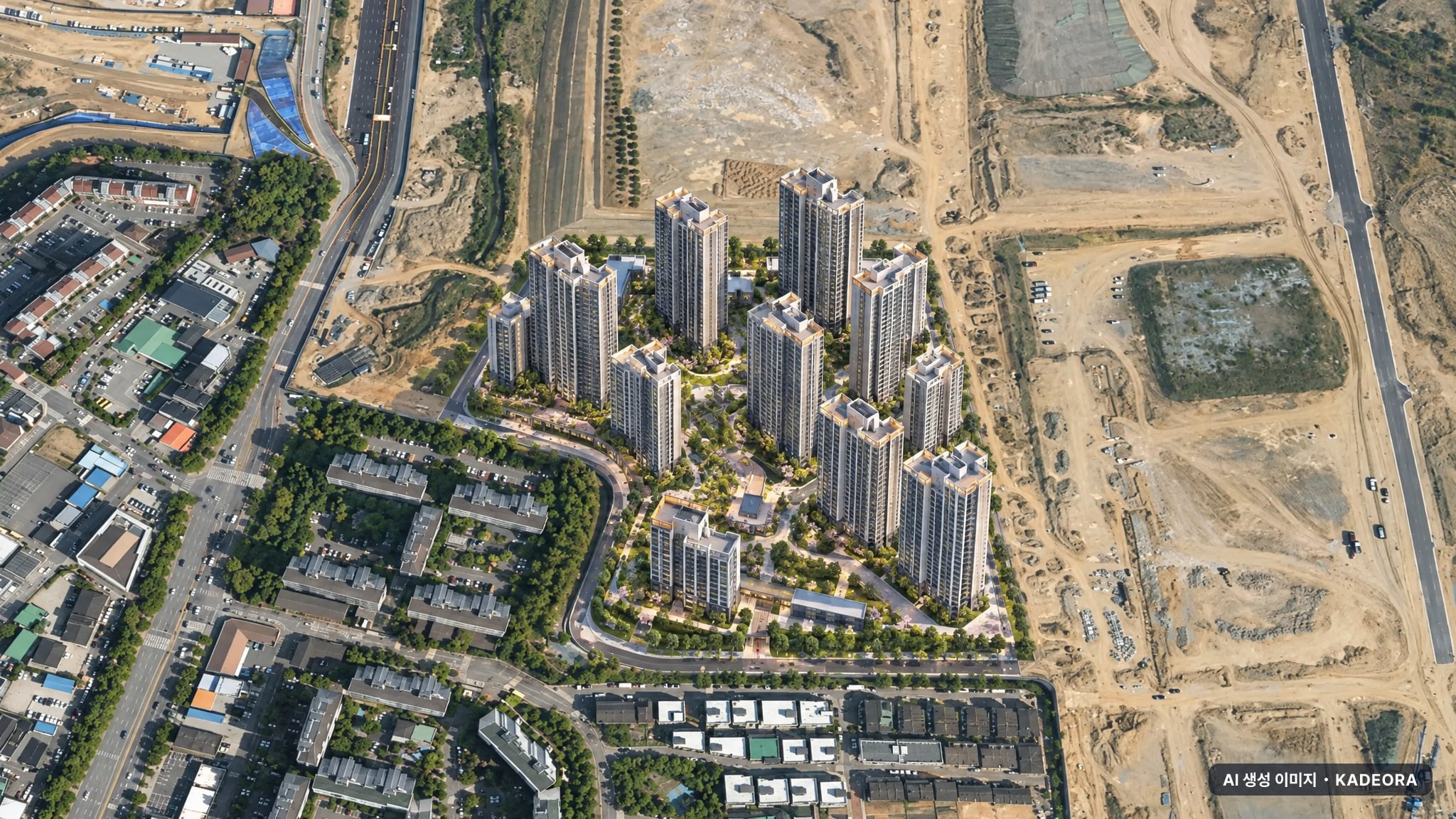 더샵 검단레이크파크(AB23BL) 단지 전경 AI 상상도(주간 항공) — 인천 검단구 착공 1,403세대