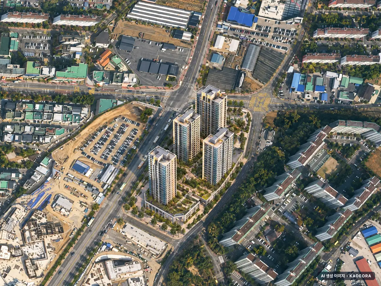 e편한세상 일산 메이포레 3단지 4개동·최고 36층·총 457세대(이번 35세대 공급) 기준 AI 상상도(주간 항공) — 실제와 다를 수 있음