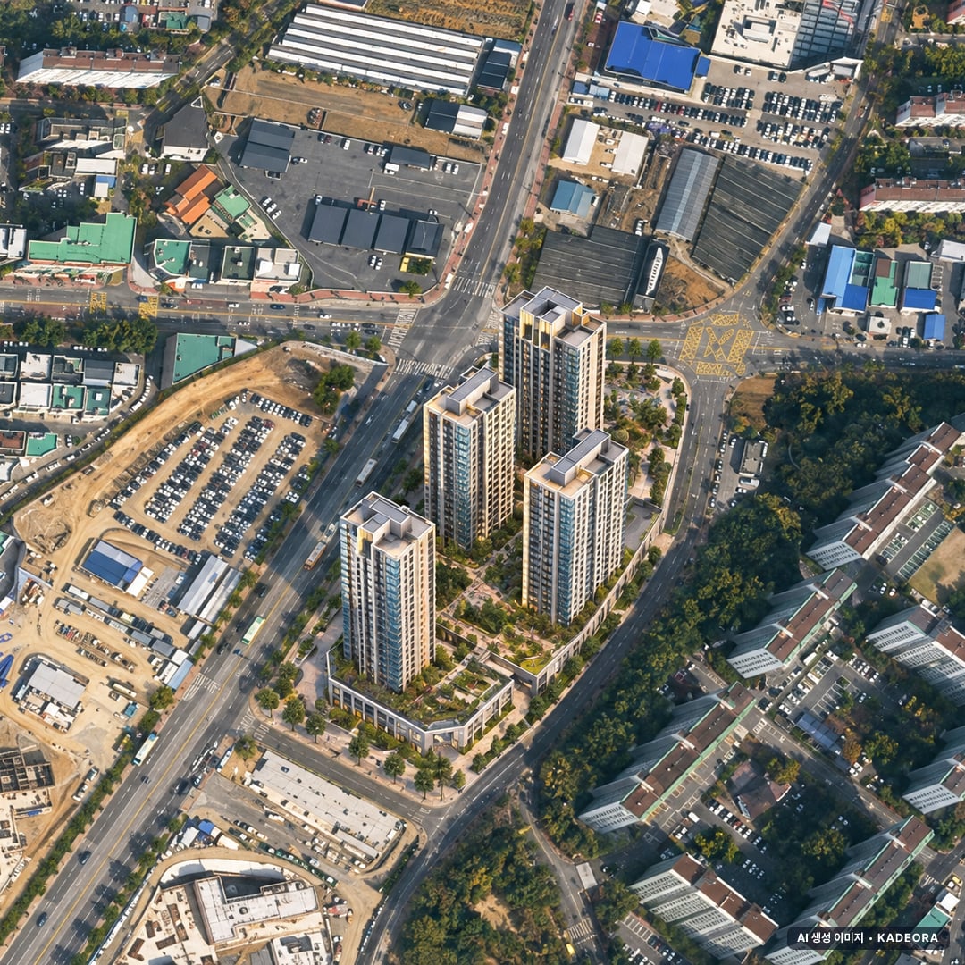 e편한세상 일산 메이포레 3단지 단지 전경 AI 상상도(주간 항공) — 경기 고양시 착공 35세대