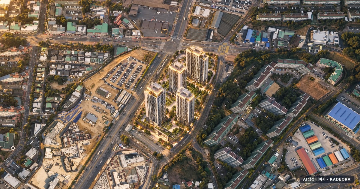 e편한세상 일산 메이포레 3단지 4개동·최고 36층·총 457세대(이번 35세대 공급) 기준 AI 상상도(노을 항공) — 실제와 다를 수 있음