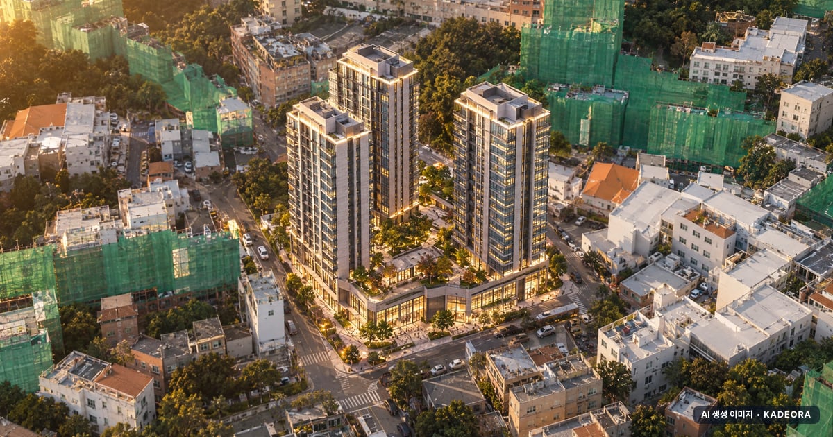 파주 운정3지구 주상복합용지 1BL(사전청약) 3개동·최고 42층·총 458세대(이번 392세대 공급) 기준 AI 상상도(노을 항공) — 실제와 다를 수 있음