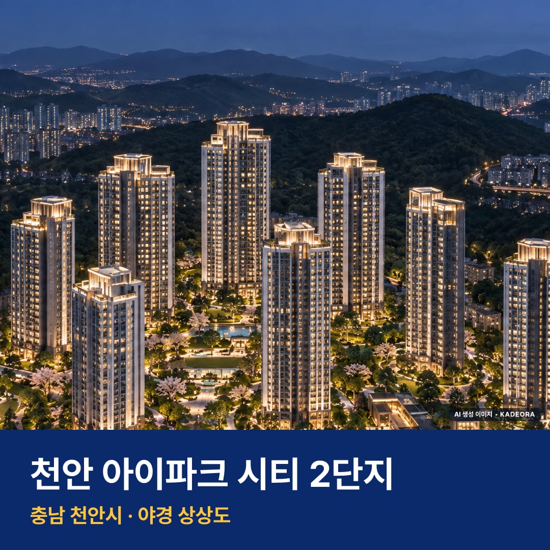 천안 아이파크 시티 2단지 재개발 천안 아이파크 시티 2단지 단지 전경 AI 상상도 — 천안시 부대동 977세대 — AI 생성 상상도 · 실제와 다를 수 있음