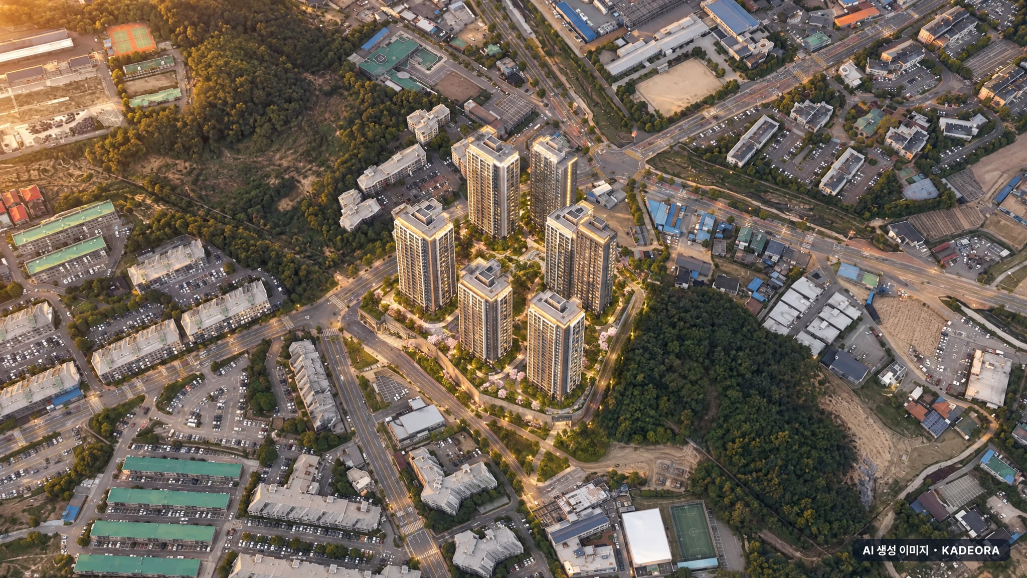 춘천 동문 디 이스트 어반포레 단지 전경 AI 상상도(노을 항공) — 강원 춘천시 착공 569세대