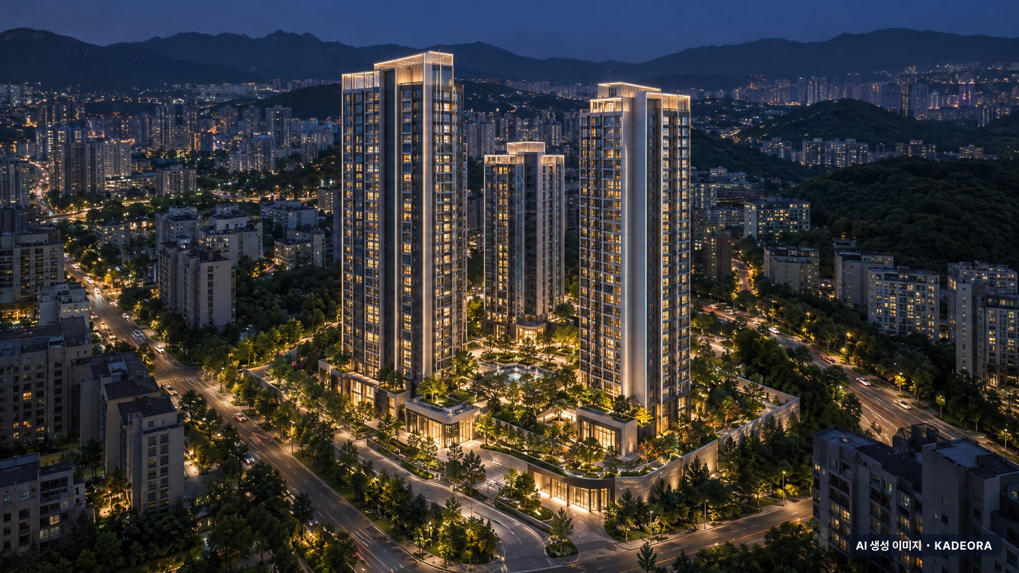 해운대 마티안 디에디션 조감도 AI 상상도(야경) — 부산 해운대구 분양 예고 220세대