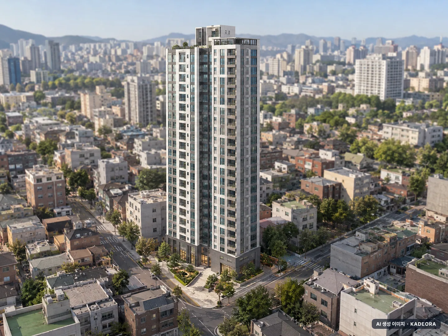 함안가야 휴니온아르떼 1개동·최고 27층·총 92세대 기준 AI 상상도 — 실제와 다를 수 있음 함안가야 휴니온아르떼 1개동·최고 27층·총 92세대 기준 AI 상상도(주간 항공) — 실제와 다를 수 있음