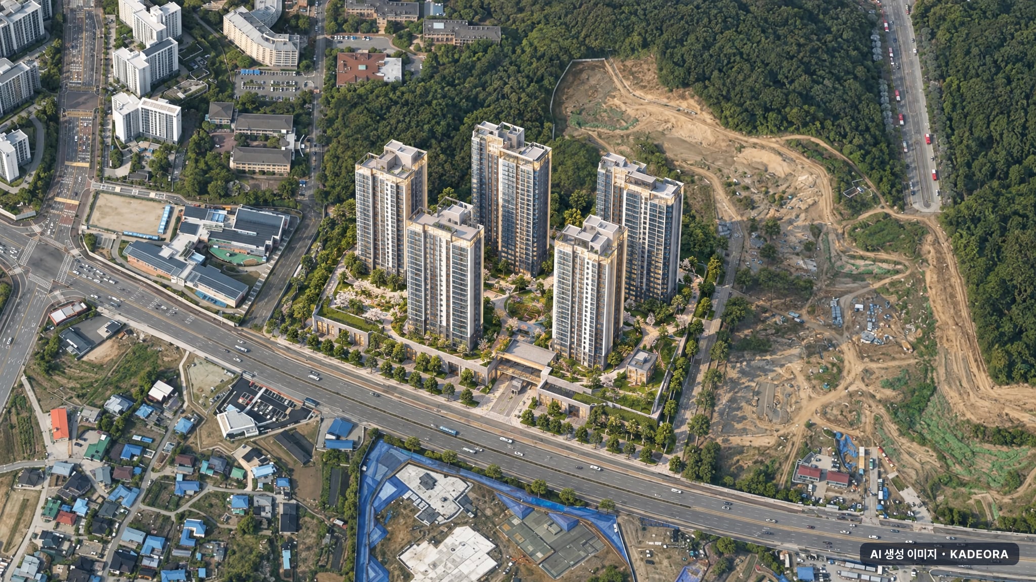 아산탕정 동일하이빌 파크레인 단지 전경 AI 상상도(주간 항공) — 충남 아산시 착공 738세대