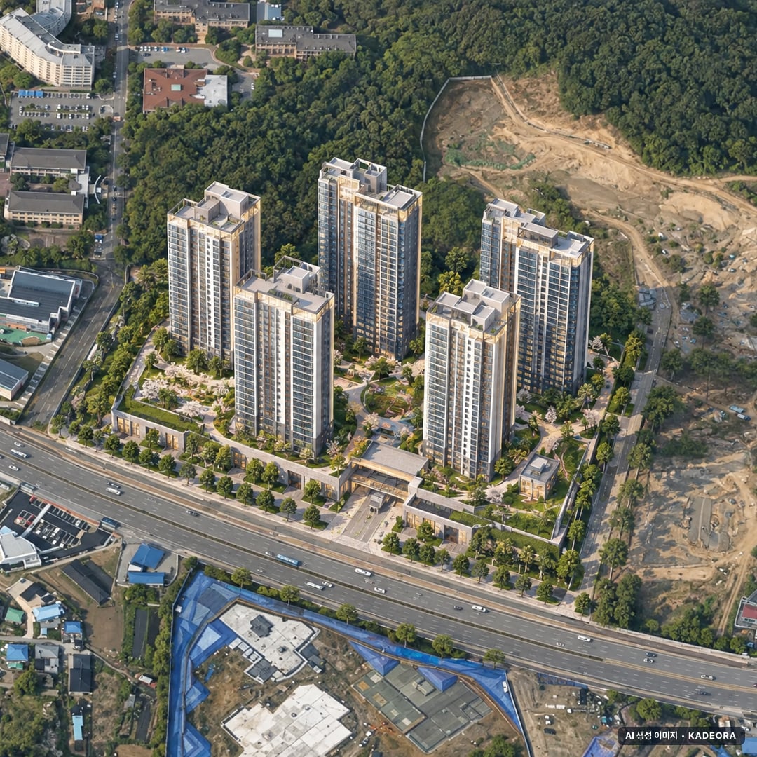 아산탕정 동일하이빌 파크레인 9개동·최고 33층·총 821세대(이번 738세대 공급) 기준 AI 상상도(주간 항공) — 실제와 다를 수 있음