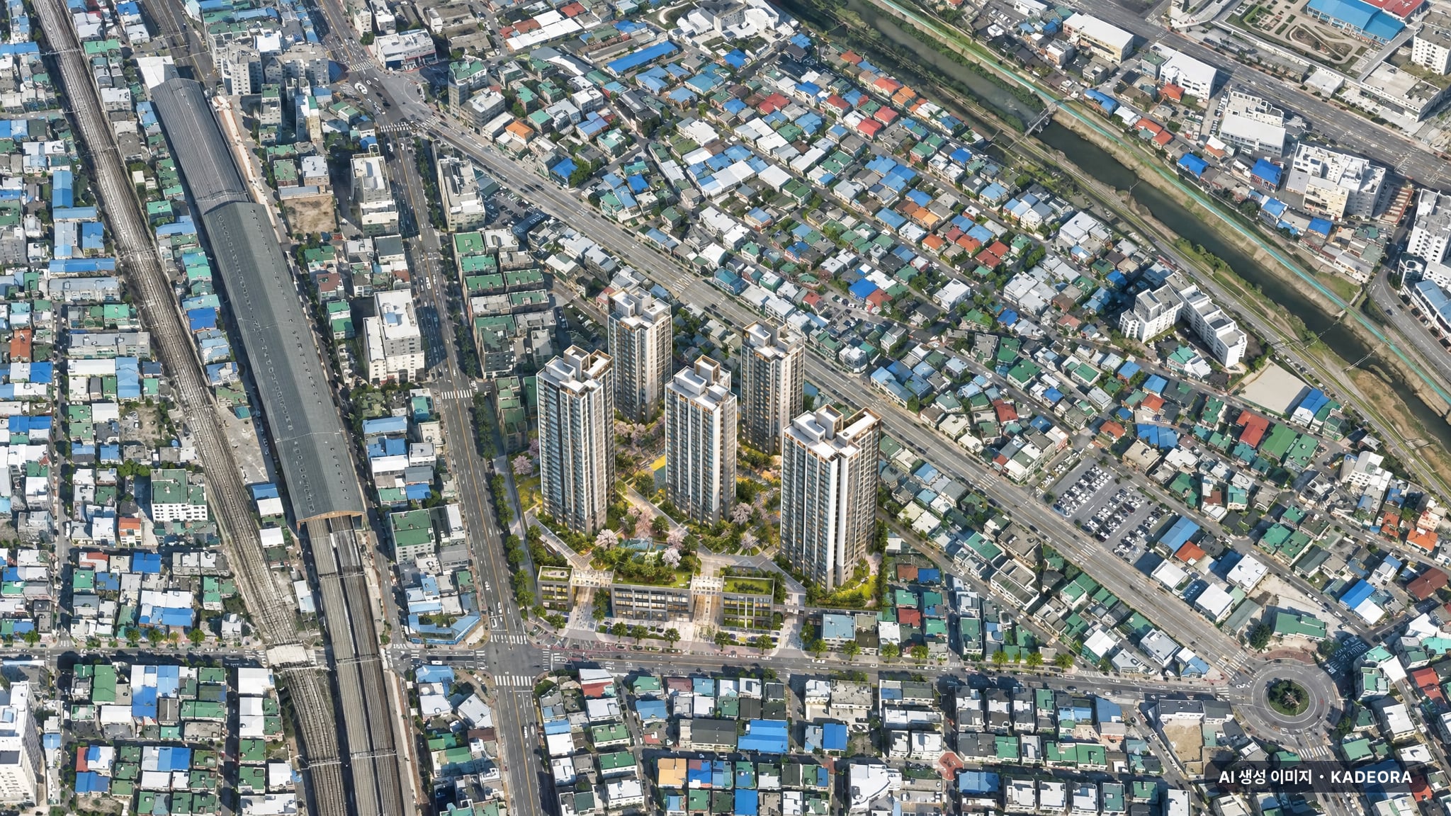의정부시 가능6구역 단지 전경 AI 상상도(주간 항공) — 경기 의정부시 부지계획 852세대