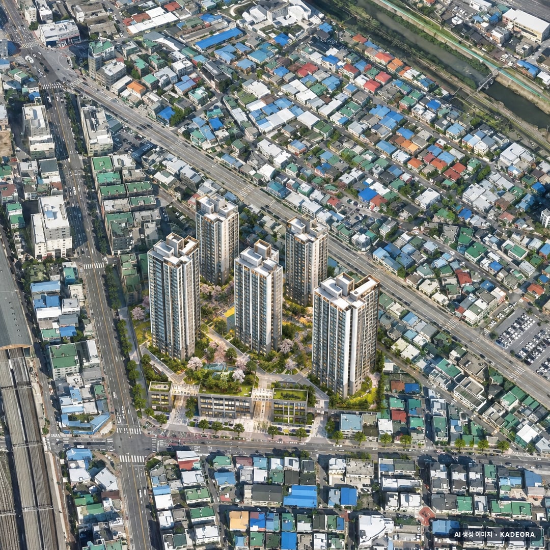 의정부시 가능6구역 조감도 AI 상상도(주간 항공) — 경기 의정부시 부지계획 852세대