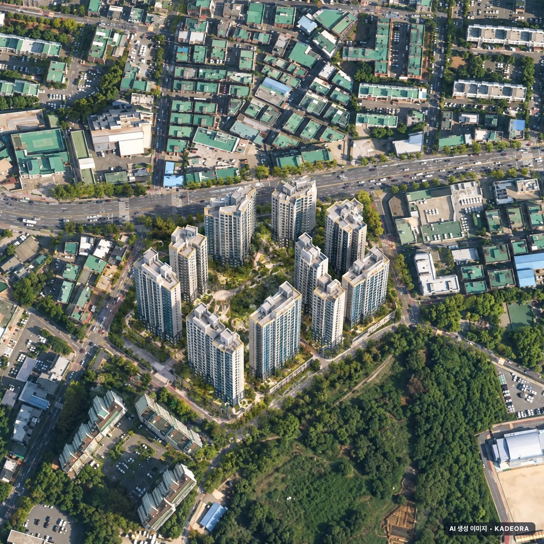 부천시 송내1-1 조감도 AI 상상도(주간 항공) — 경기 부천시 착공 1,045세대