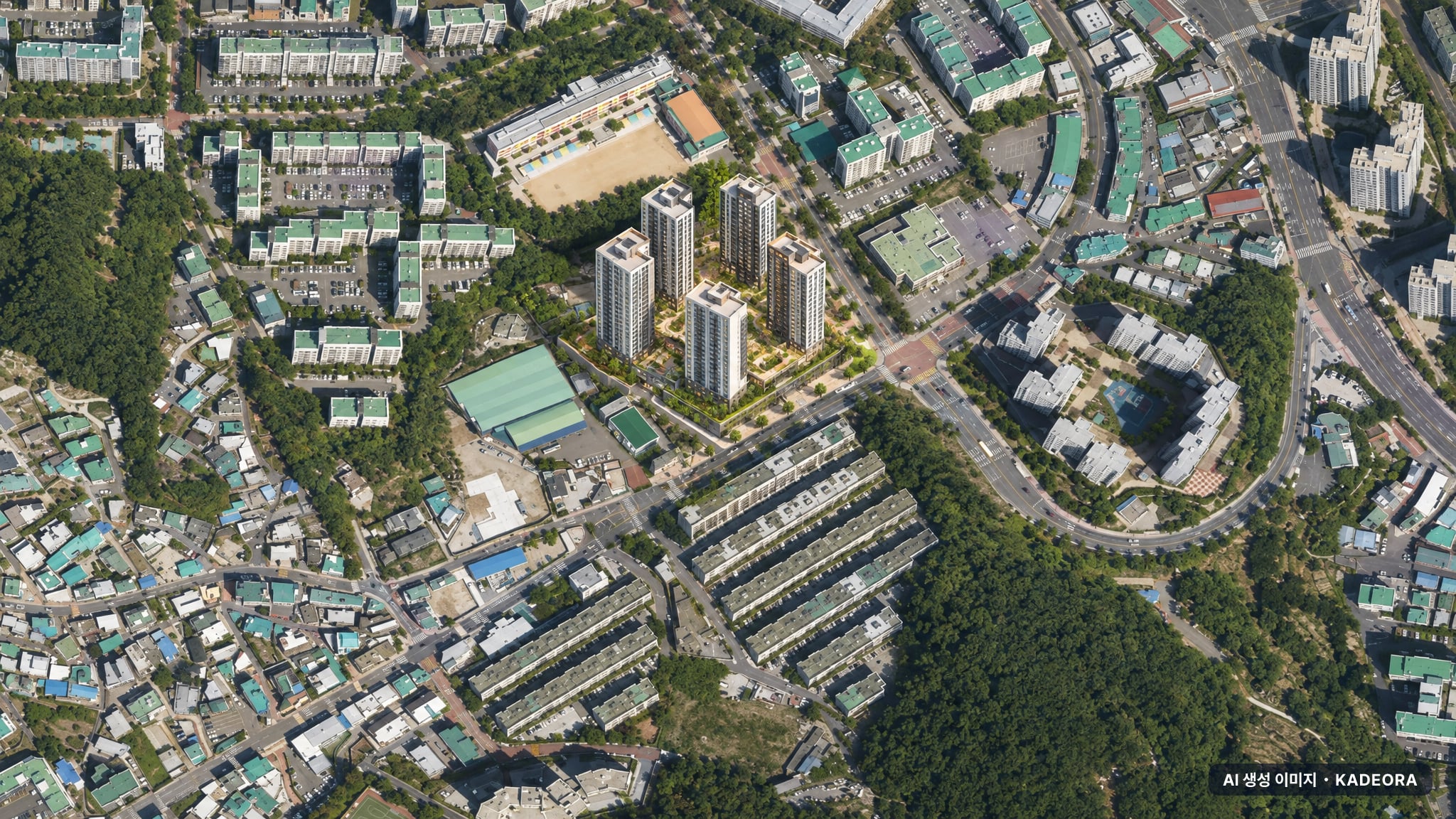 부산 영도구 동삼1 재건축 주간 항공 상상도 · AI 생성 이미지로 실제와 다를 수 있음 부산 영도구 동삼1 재건축 조감도 AI 상상도(주간 항공) — 부산 영도구 조합설립 647세대