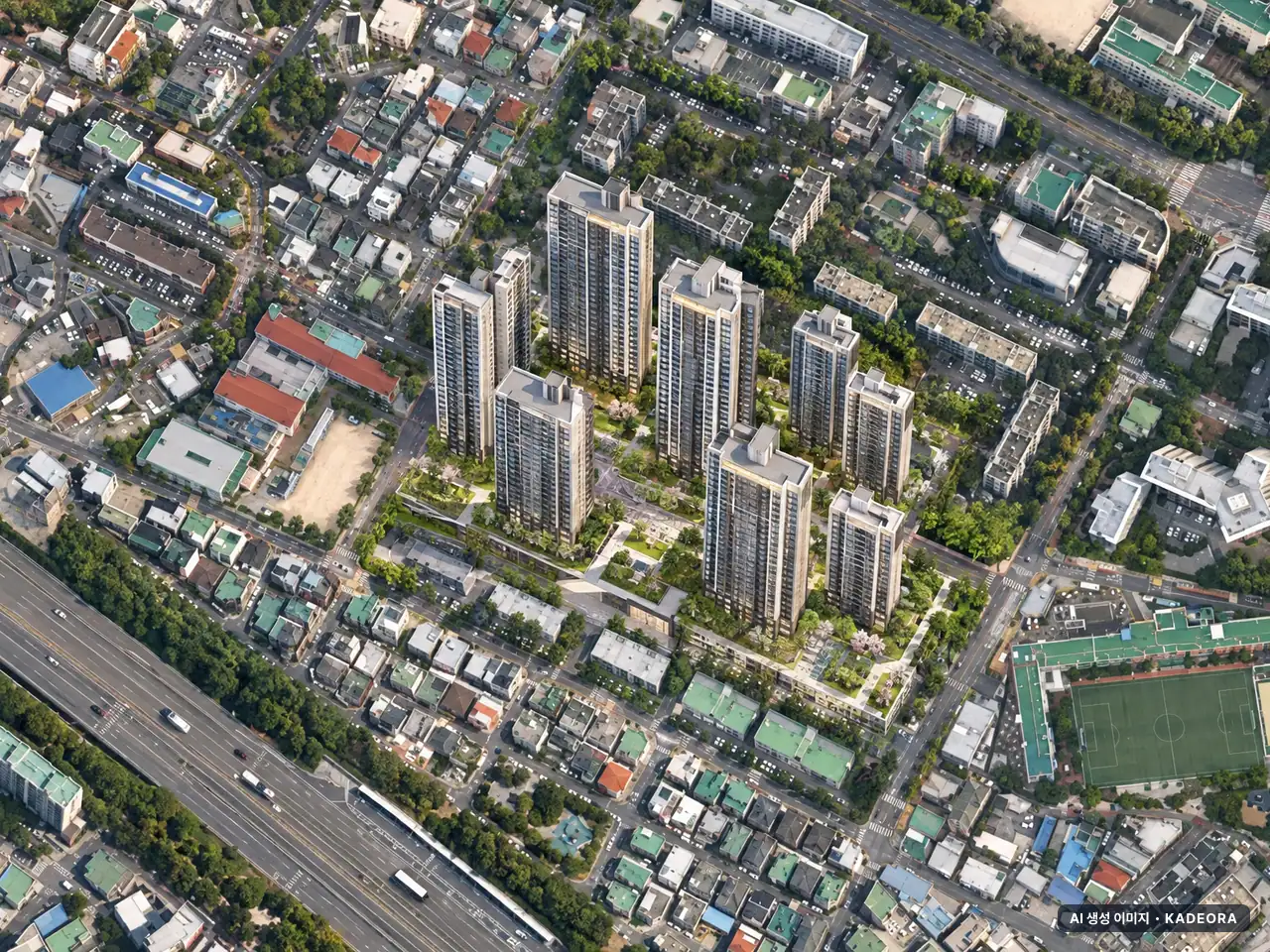 울산 남구 무거동 재건축 주간 항공 상상도 · AI 생성 이미지로 실제와 다를 수 있음 울산 남구 무거동 재건축 단지 전경 AI 상상도(주간 항공) — 남구