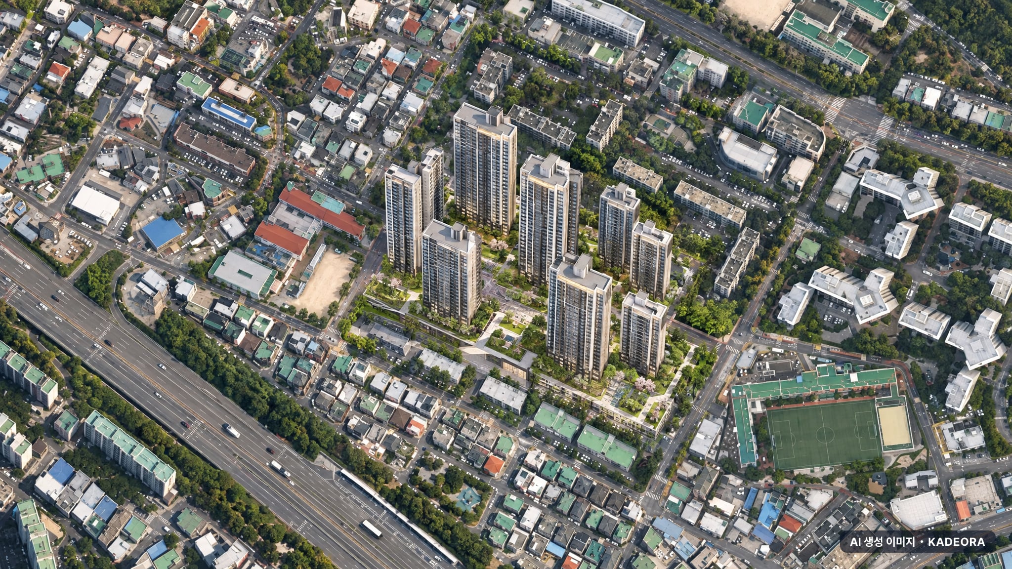울산 남구 무거동 재건축 주간 항공 상상도 · AI 생성 이미지로 실제와 다를 수 있음 울산 남구 무거동 재건축 단지 전경 AI 상상도(주간 항공) — 남구