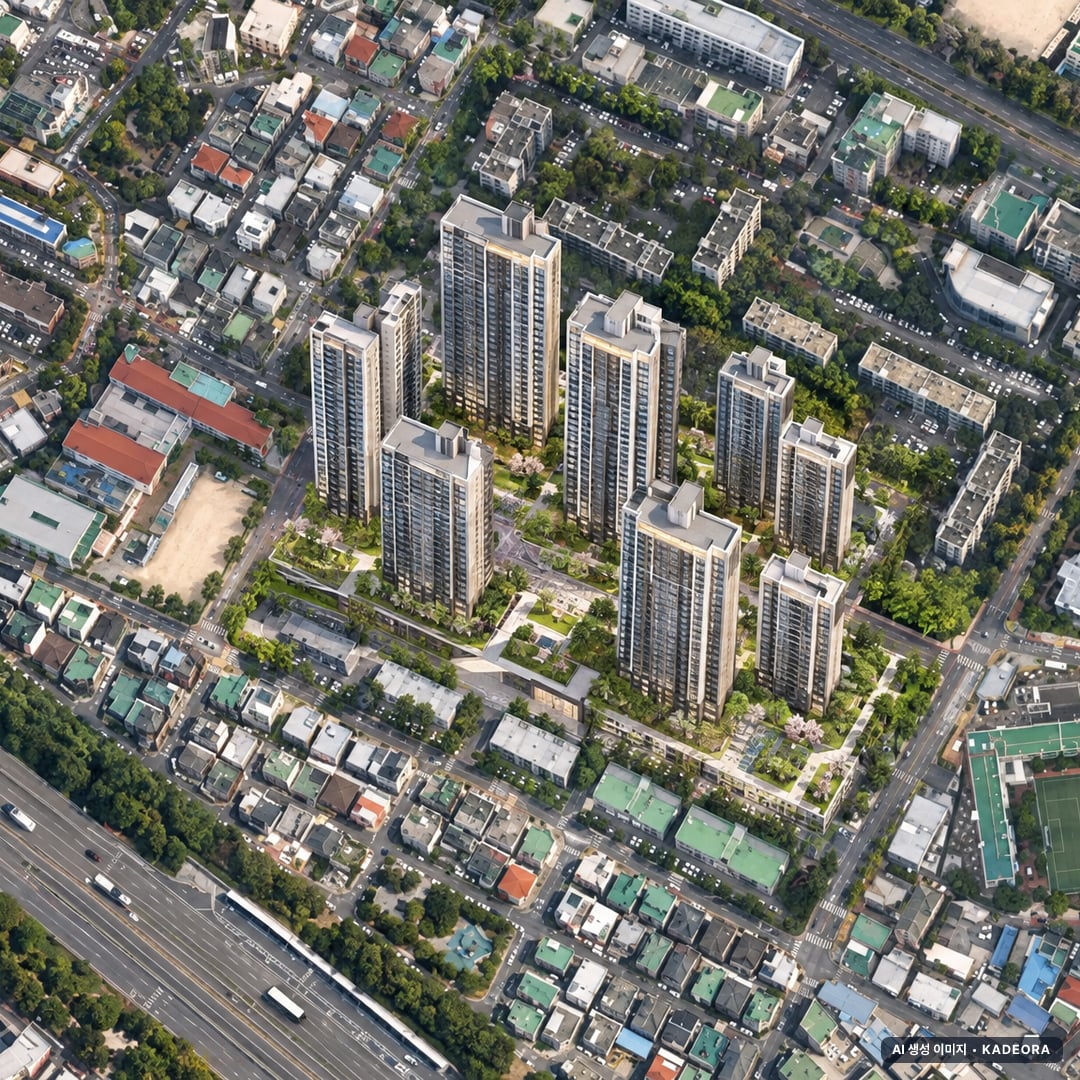 울산 남구 무거동 재건축 주간 항공 상상도 · AI 생성 이미지로 실제와 다를 수 있음 울산 남구 무거동 재건축 단지 전경 AI 상상도(주간 항공) — 남구