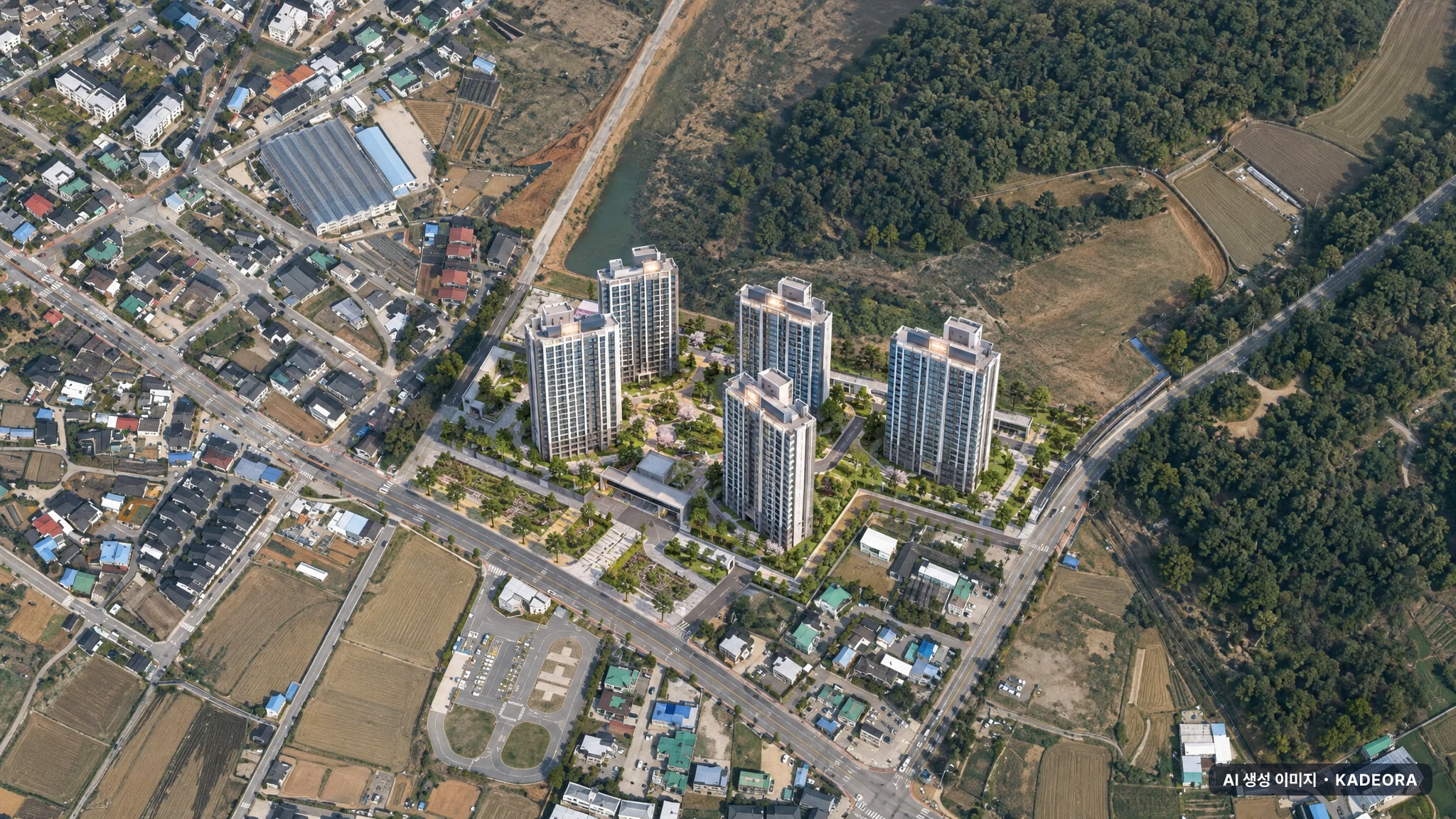 더 플래티넘 파인애비뉴 단지 전경 AI 상상도(주간 항공) — 경기 평택시 착공 321세대