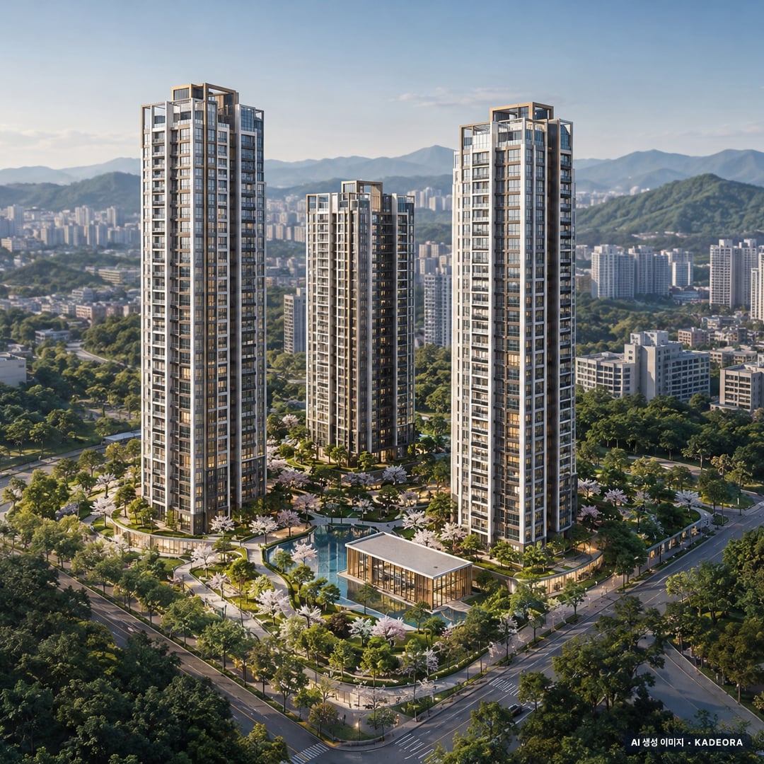 힐스테이트 양산더스카이 2단지 단지 전경 AI 상상도(주간 항공) — 경남 양산시 착공 299세대