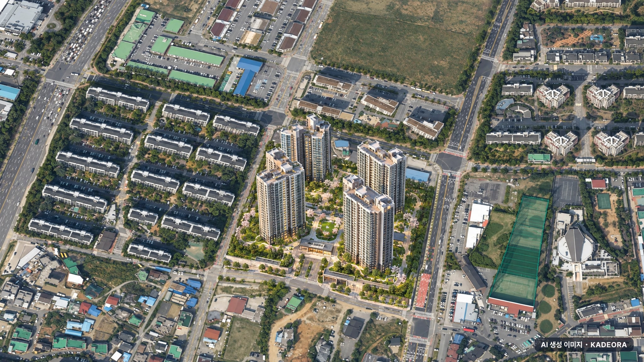 백석시그니처자이 1단지 단지 전경 AI 상상도(주간 항공) — 충남 천안시 착공 854세대