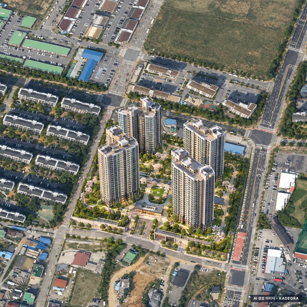 백석시그니처자이 1단지 단지 전경 AI 상상도(주간 항공) — 충남 천안시 착공 854세대