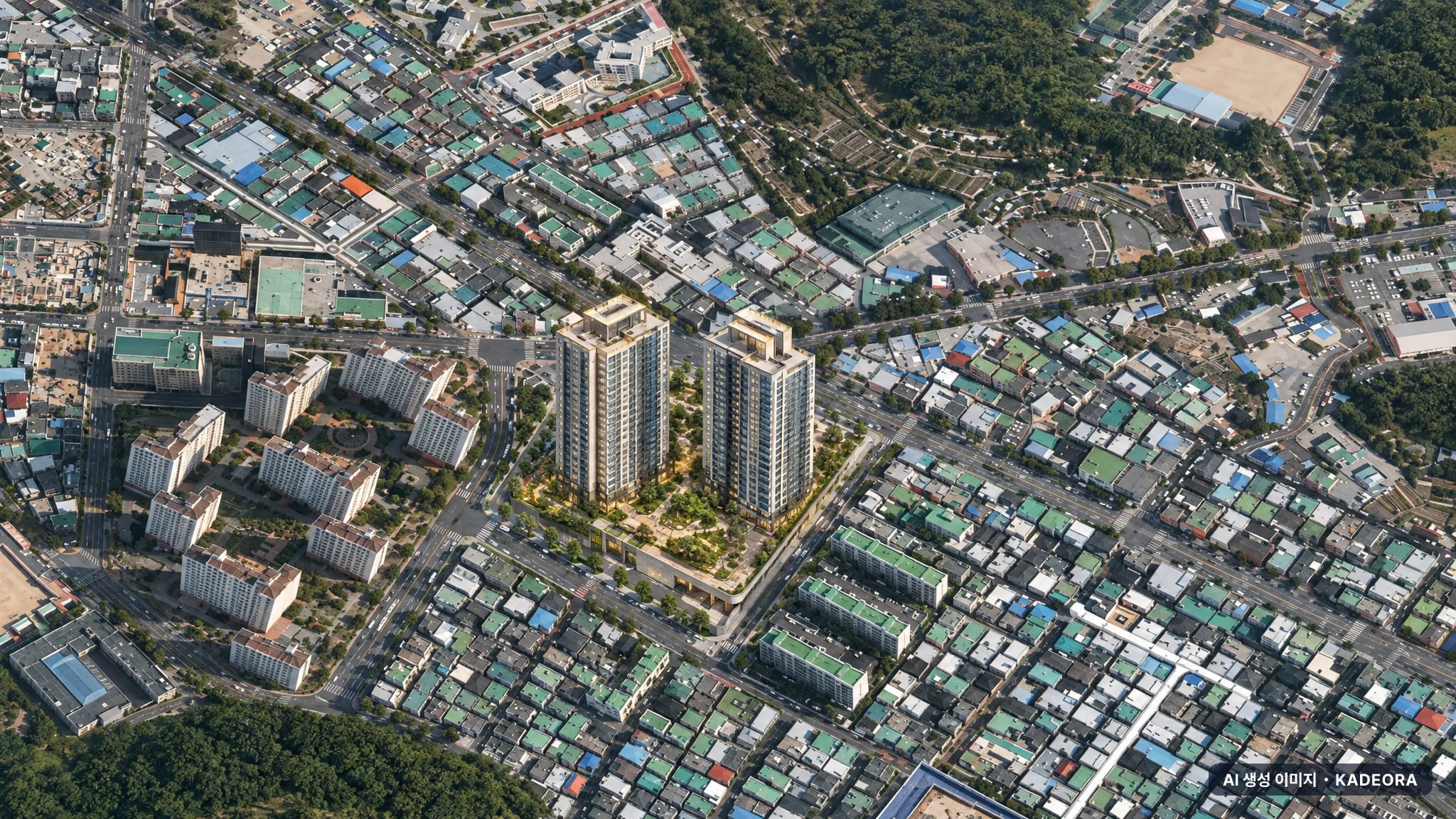 울산 호수공원 에일린의 뜰 2단지 주간 항공 상상도 · AI 생성 이미지로 실제와 다를 수 있음 울산 호수공원 에일린의 뜰 2단지 단지 전경 AI 상상도(주간 항공) — 울산 남구 착공 210세대