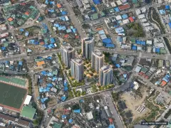아산경남아너스빌 랜드마크49 3개동·최고 49층·총 467세대 기준 AI 상상도(주간 항공) — 실제와 다를 수 있음