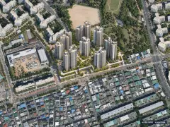 대구 신암4 재정비촉진구역 주간 항공 상상도 · AI 생성 이미지로 실제와 다를 수 있음 대구 신암4 재정비촉진구역 단지 전경 AI 상상도(주간 항공) — 대구 동구 시공사 선정 1,112세대