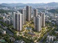 울산 삼산동 재건축 주간 항공 상상도 · AI 생성 이미지로 실제와 다를 수 있음 울산 삼산동 재건축 단지 전경 AI 상상도(주간 항공) — 남구