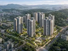 고덕 자연앤 하우스디(A4BL)(민영)(5차) 7개동·최고 23층·총 517세대(이번 35세대 공급) 기준 AI 상상도(주간 항공) — 실제와 다를 수 있음