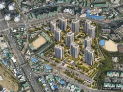 의왕시청역 SK VIEW IPARK 11개동·최고 40층·총 1,912세대(이번 958세대 공급) 기준 AI 상상도(주간 항공) — 실제와 다를 수 있음