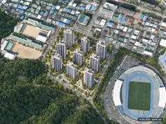 두산위브더제니스 구미 9개동·최고 39층·총 1,372세대(이번 403세대 공급) 기준 AI 상상도(주간 항공) — 실제와 다를 수 있음