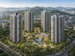 청주테크노폴리스 힐데스하임 더원(S3블록) 4개동·최고 41층·총 543세대 기준 AI 상상도(주간 항공) — 실제와 다를 수 있음