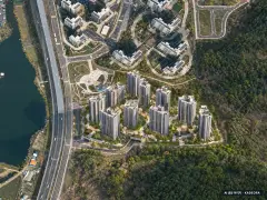오산 세교 우미 린 레이크시티 10개동·최고 29층·총 1,424세대 기준 AI 상상도(주간 항공) — 실제와 다를 수 있음