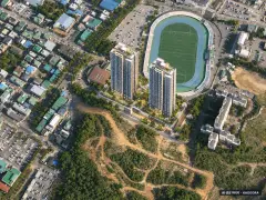 사우역 지엔하임 2개동·이번 385세대 공급 기준 AI 상상도 — 실제와 다를 수 있음 사우역 지엔하임 2개동·이번 385세대 공급 기준 AI 상상도(주간 항공) — 실제와 다를 수 있음
