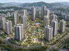 힐스테이트 거제시그니처 14개동·최고 36층·총 1,963세대(이번 356세대 공급) 기준 AI 상상도(주간 항공) — 실제와 다를 수 있음