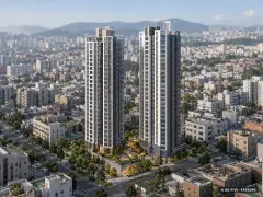 해운대경동리인뷰 2개동·최고 34층·총 166세대 기준 AI 상상도(주간 항공) — 실제와 다를 수 있음