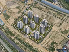 오퍼스 한강 스위첸 9개동·최고 25층·총 1,029세대 기준 AI 상상도(주간 항공) — 실제와 다를 수 있음