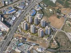 성성자이 레이크파크 8개동·최고 39층·총 1,104세대(이번 883세대 공급) 기준 AI 상상도(주간 항공) — 실제와 다를 수 있음