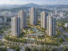 원주역 우미 린 더 스카이 5개동·최고 42층·총 900세대 기준 AI 상상도(주간 항공) — 실제와 다를 수 있음