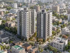 중동역 다채로움 더원 2개동·최고 15층·총 128세대(이번 39세대 공급) 기준 AI 상상도(주간 항공) — 실제와 다를 수 있음