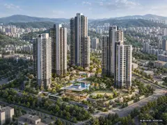 힐스테이트 고덕엘리스트 A12BL 공공분양주택 이번 942세대 공급 기준 AI 상상도(주간 항공) — 실제와 다를 수 있음