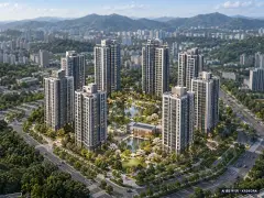 안성 아양지구 B-2블록 금성백조 예미지 8개동·최고 25층·총 657세대 기준 AI 상상도(주간 항공) — 실제와 다를 수 있음